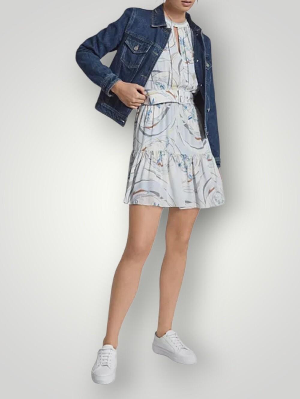 Reiss Vienna Swirl Floral Mini Dress US 10 UK 14 Blue Cream Tiered Drop Waist